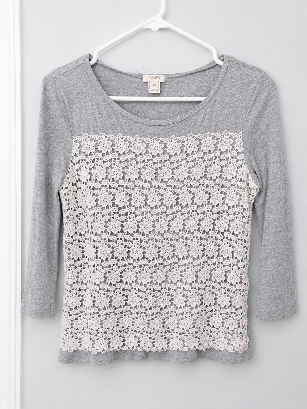 J. Crew Heather Gray Long-Sleeve Tee with Cream Crochet Panel